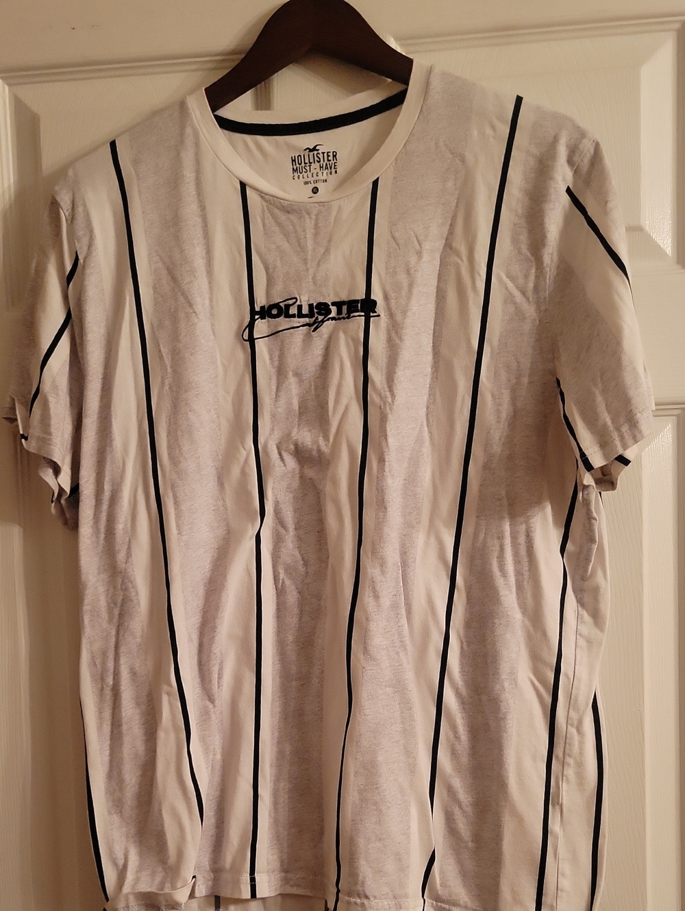 Hollister White Tee with Black Vertical Stripes Worn Once